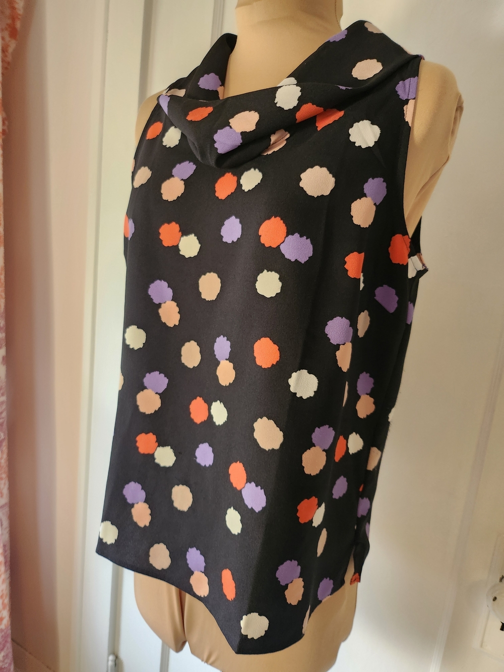 Ann Taylor S Petite Black Sleeveless Polka Dot Cowl Neck Blouse